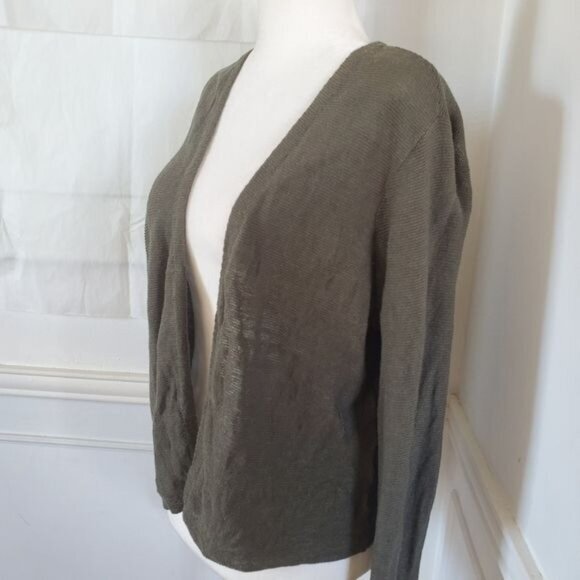 J. JILL‎ Womens Cardigan Medium Open Front Shrug Olive Green Linen Sheer Granny - Picture 9 of 12